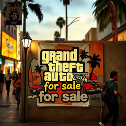 A vibrant urban setting featuring a wall with a graffiti-style mural that creatively incorporates the text 'GTA 5 for sale'