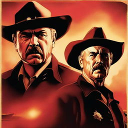 A cinematic style poster showcasing a stern sheriff and a notorious criminal in a dramatic face-off