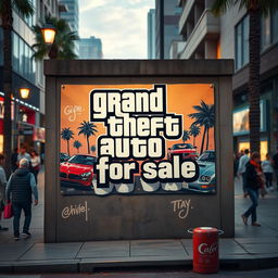 A vibrant urban setting featuring a wall with a graffiti-style mural that creatively incorporates the text 'GTA 5 for sale'