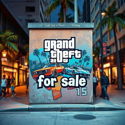 A vibrant urban setting featuring a wall with a graffiti-style mural that creatively incorporates the text 'GTA 5 for sale'