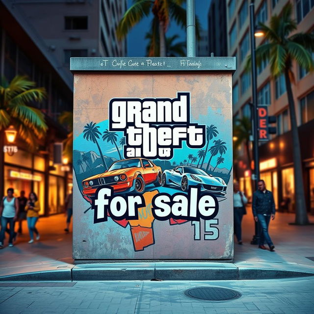 A vibrant urban setting featuring a wall with a graffiti-style mural that creatively incorporates the text 'GTA 5 for sale'