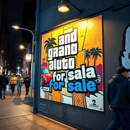 A vibrant urban setting featuring a wall with a graffiti-style mural that creatively incorporates the text 'GTA 5 for sale'
