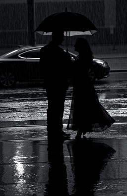 Two people's shadows in heavy rain, with a dark silhouette of a man in a black suit holding an umbrella over a woman in a flowing dress