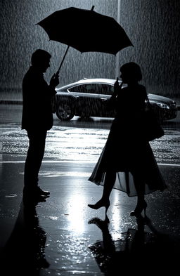 Two people's shadows in heavy rain, with a dark silhouette of a man in a black suit holding an umbrella over a woman in a flowing dress