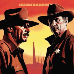 A cinematic style poster showcasing a stern sheriff and a notorious criminal in a dramatic face-off