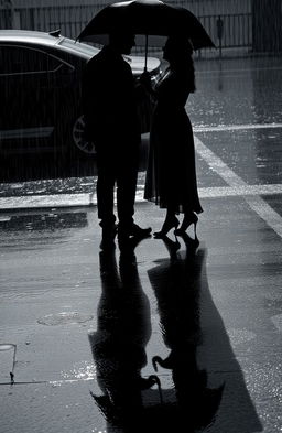 Two people's shadows in heavy rain, with a dark silhouette of a man in a black suit holding an umbrella over a woman in a flowing dress