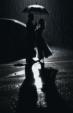 Two people's shadows in heavy rain, with a dark silhouette of a man in a black suit holding an umbrella over a woman in a flowing dress