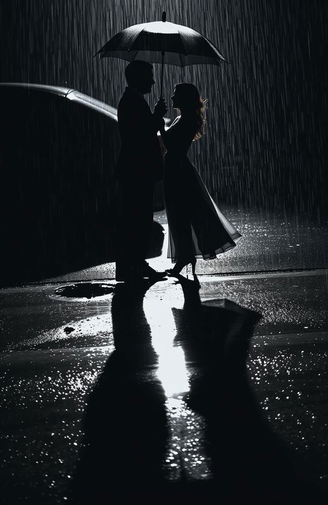 Two people's shadows in heavy rain, with a dark silhouette of a man in a black suit holding an umbrella over a woman in a flowing dress