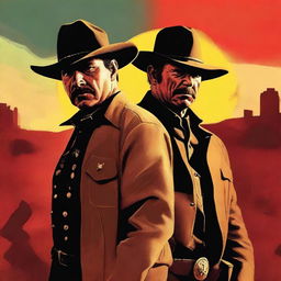 A cinematic style poster showcasing a stern sheriff and a notorious criminal in a dramatic face-off