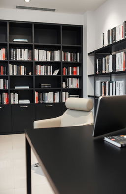 A psychologist's office featuring a sleek black desk and a modern black and white color scheme with minimalistic decor