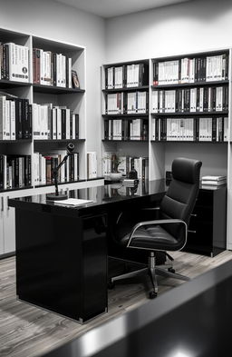 A psychologist's office featuring a sleek black desk and a modern black and white color scheme with minimalistic decor