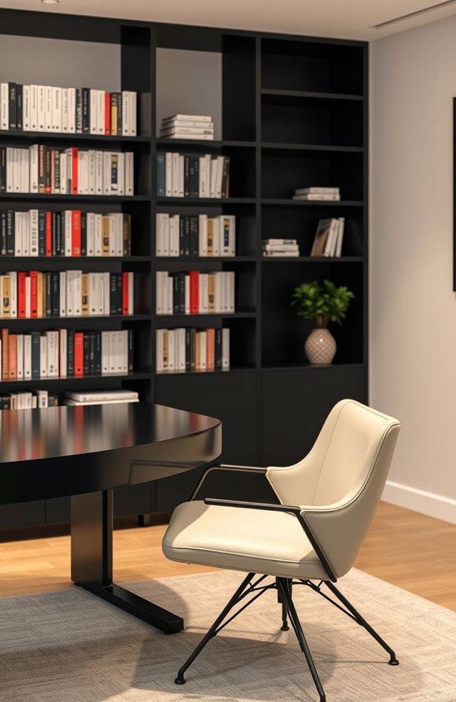 A psychologist's office featuring a sleek black desk and a modern black and white color scheme with minimalistic decor