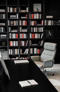A psychologist's office featuring a sleek black desk and a modern black and white color scheme with minimalistic decor