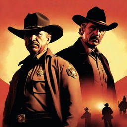 A cinematic style poster showcasing a stern sheriff and a notorious criminal in a dramatic face-off