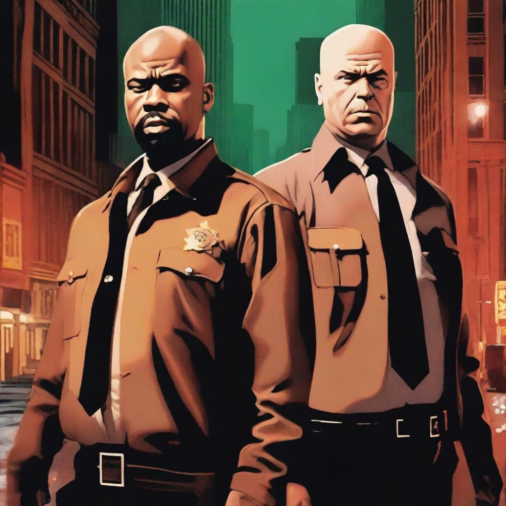 A gritty, high-resolution poster of a stern sheriff and a bald criminal, representing a tense police drama show