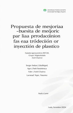 A professional and clean document cover design featuring the title 'Propuesta de mejora para línea de producción por inyección de plástico' prominently displayed in an elegant font at the top