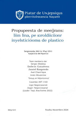 A professional and clean document cover design featuring the title 'Propuesta de mejora para línea de producción por inyección de plástico' prominently displayed in an elegant font at the top