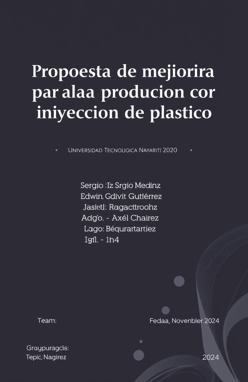 A professional and clean document cover design featuring the title 'Propuesta de mejora para línea de producción por inyección de plástico' prominently displayed in an elegant font at the top