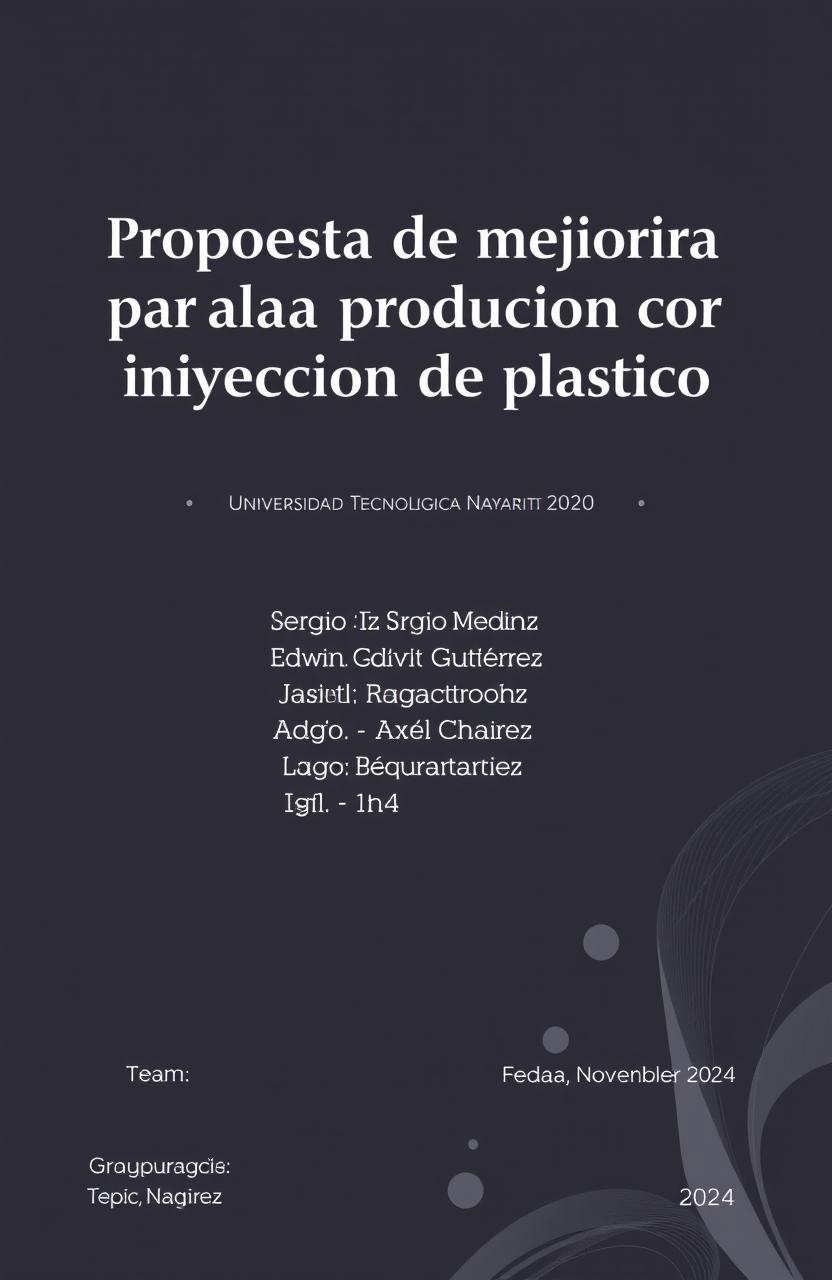 A professional and clean document cover design featuring the title 'Propuesta de mejora para línea de producción por inyección de plástico' prominently displayed in an elegant font at the top