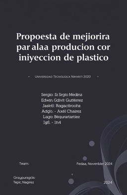 A professional and clean document cover design featuring the title 'Propuesta de mejora para línea de producción por inyección de plástico' prominently displayed in an elegant font at the top