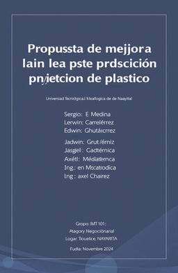 A professional and clean document cover design featuring the title 'Propuesta de mejora para línea de producción por inyección de plástico' prominently displayed in an elegant font at the top