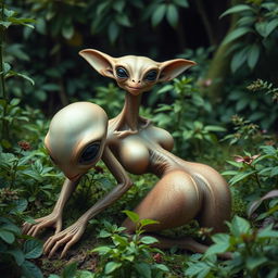 A female alien from outer space, with a fantastical appearance featuring a long neck of 50 centimeters, a large round head, big eyes, oversized ears, a pointed nose, and a small mouth