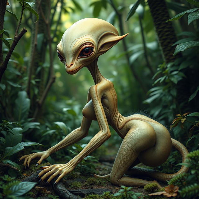 A female alien from outer space, with a fantastical appearance featuring a long neck of 50 centimeters, a large round head, big eyes, oversized ears, a pointed nose, and a small mouth