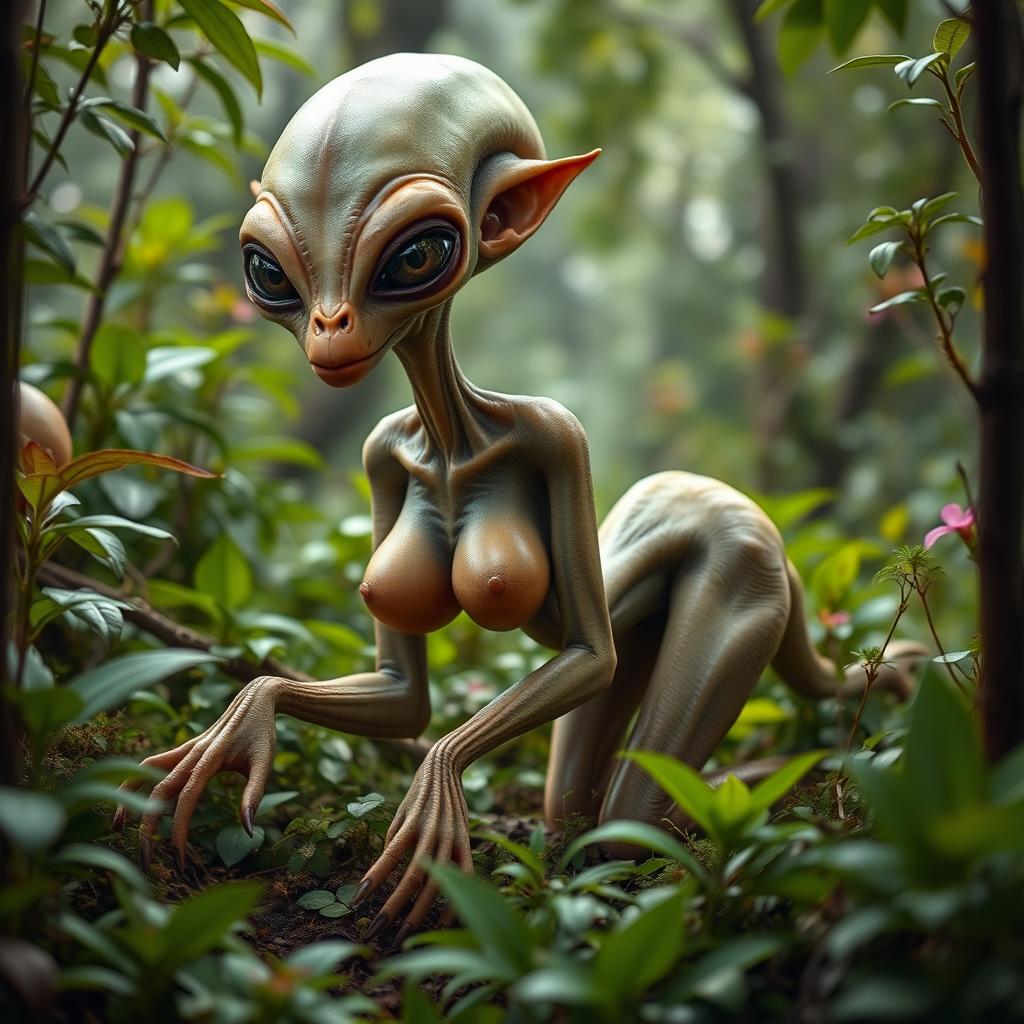 A female alien from outer space, with a fantastical appearance featuring a long neck of 50 centimeters, a large round head, big eyes, oversized ears, a pointed nose, and a small mouth