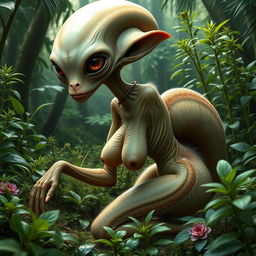 A female alien from outer space, with a fantastical appearance featuring a long neck of 50 centimeters, a large round head, big eyes, oversized ears, a pointed nose, and a small mouth