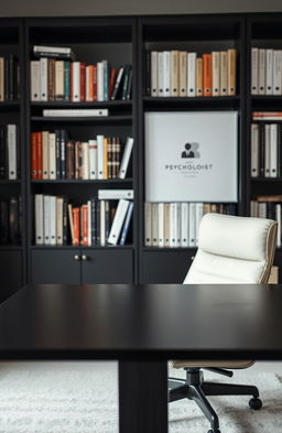 A cozy psychologist's office featuring a sleek black desk and a comfortable chair with an inviting vibe