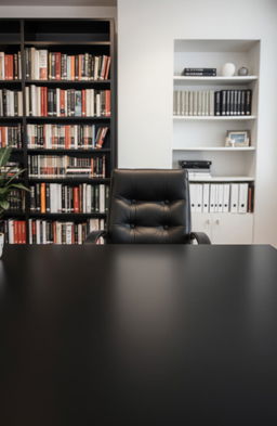 A cozy psychologist's office featuring a sleek black desk and a comfortable chair with an inviting vibe