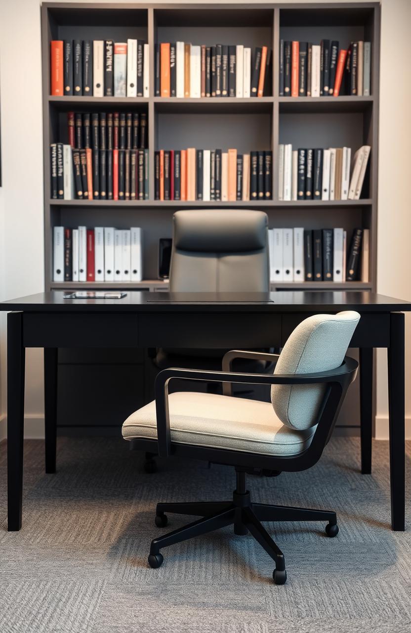 A cozy psychologist's office featuring a sleek black desk and a comfortable chair with an inviting vibe