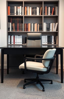 A cozy psychologist's office featuring a sleek black desk and a comfortable chair with an inviting vibe