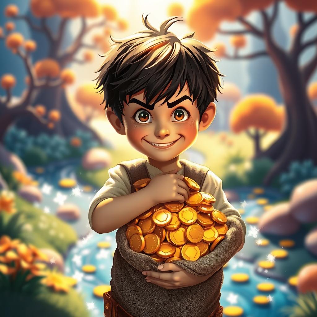 A young boy with a mischievous grin, clutching a bag overflowing with golden coins, standing in a brightly colored fantasy landscape