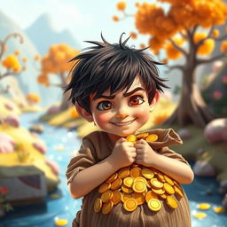 A young boy with a mischievous grin, clutching a bag overflowing with golden coins, standing in a brightly colored fantasy landscape