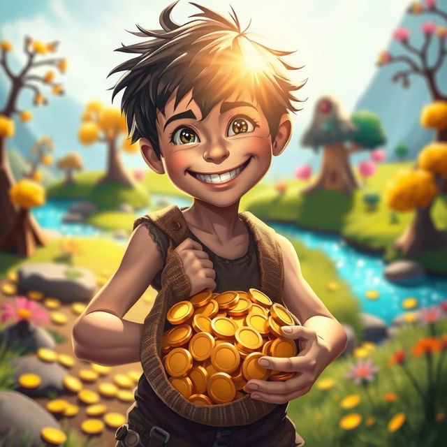 A young boy with a mischievous grin, clutching a bag overflowing with golden coins, standing in a brightly colored fantasy landscape