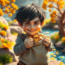 A young boy with a mischievous grin, clutching a bag overflowing with golden coins, standing in a brightly colored fantasy landscape