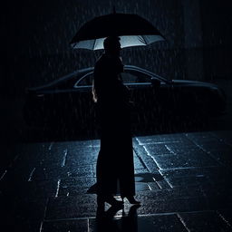 Two silhouettes of a man and woman in the rain, their shadows stark against a dark, wet pavement