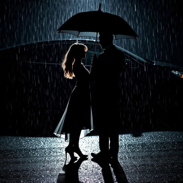 Two silhouettes of a man and woman in the rain, their shadows stark against a dark, wet pavement