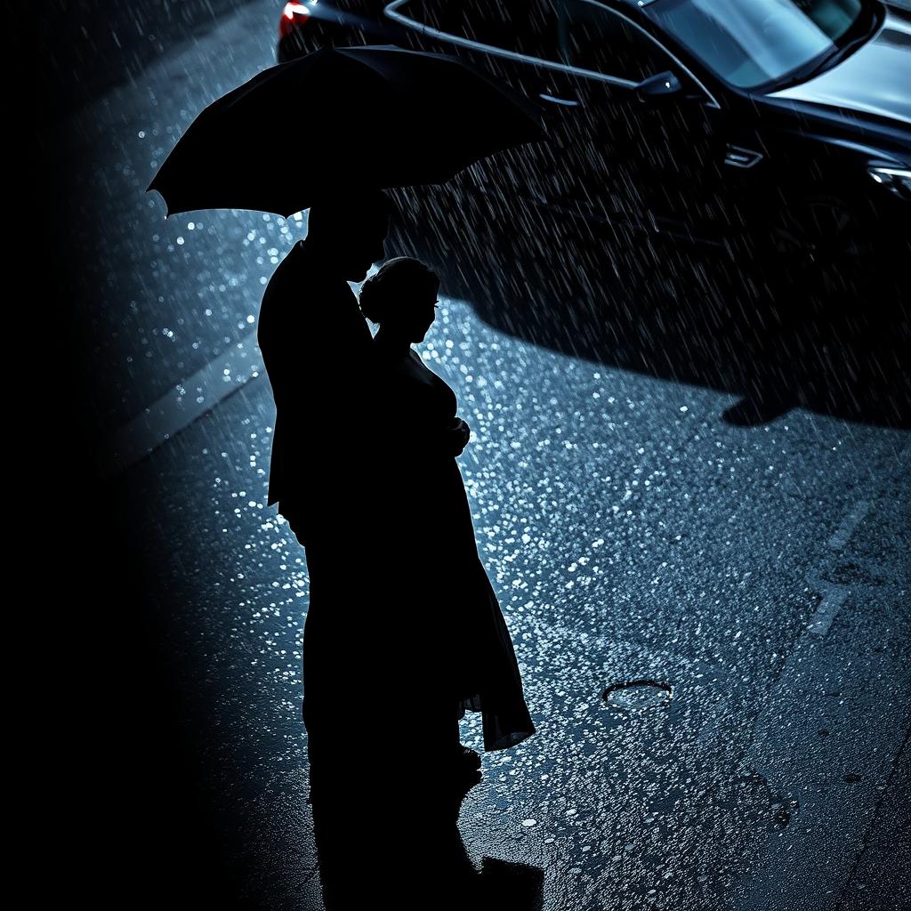 Two silhouettes of a man and woman in the rain, their shadows stark against a dark, wet pavement