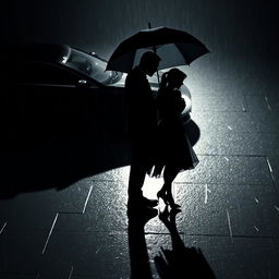 Two silhouettes of a man and woman in the rain, their shadows stark against a dark, wet pavement