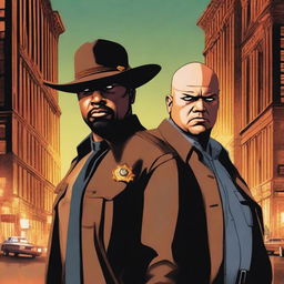 A gritty, high-resolution poster of a stern sheriff and a bald criminal, representing a tense police drama show