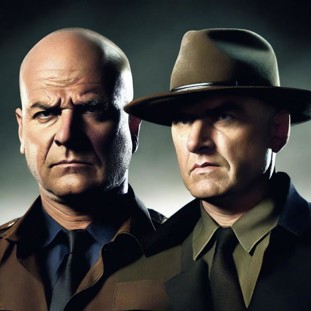 A gritty, high-resolution poster for a police drama show, featuring a stern sheriff and a bald, menacing criminal