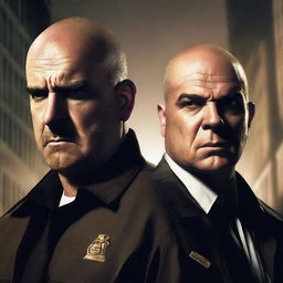 A gritty, high-resolution poster for a police drama show, featuring a stern sheriff and a bald, menacing criminal