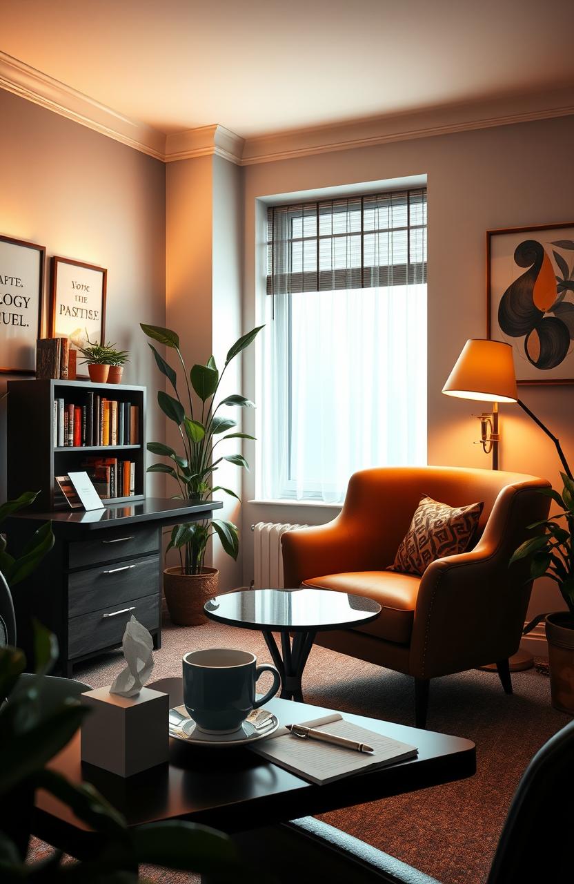 A cozy and stylish psychologist's office designed for a romance novel cover