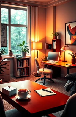 A cozy and stylish psychologist's office designed for a romance novel cover