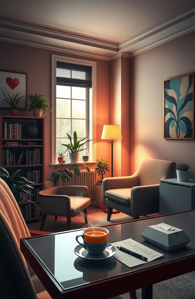 A cozy and stylish psychologist's office designed for a romance novel cover