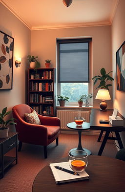 A cozy and stylish psychologist's office designed for a romance novel cover