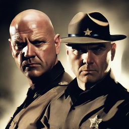 A gritty, high-resolution poster for a police drama show, featuring a stern sheriff and a bald, menacing criminal