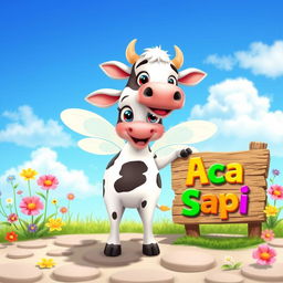 A cute cartoon cow with fairy wings, playfully posed in a whimsical setting with colorful flowers and a bright blue sky